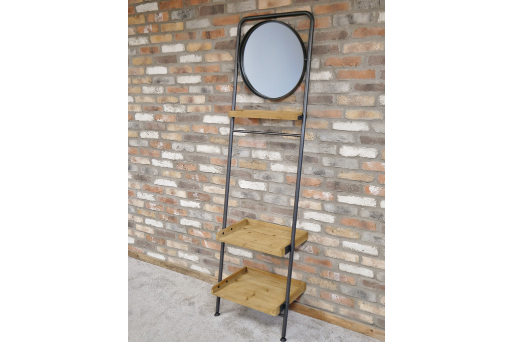 Rustic bathroom tall ladder shelf storage with mirror