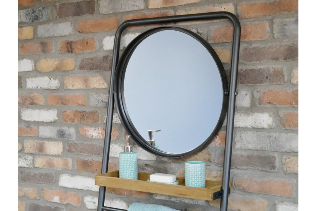 Rustic bathroom tall ladder shelf storage with mirror