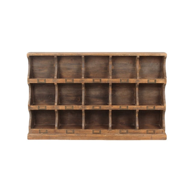 Rustic wood  multi compartment 15 pigeon hole wall storage cabinet