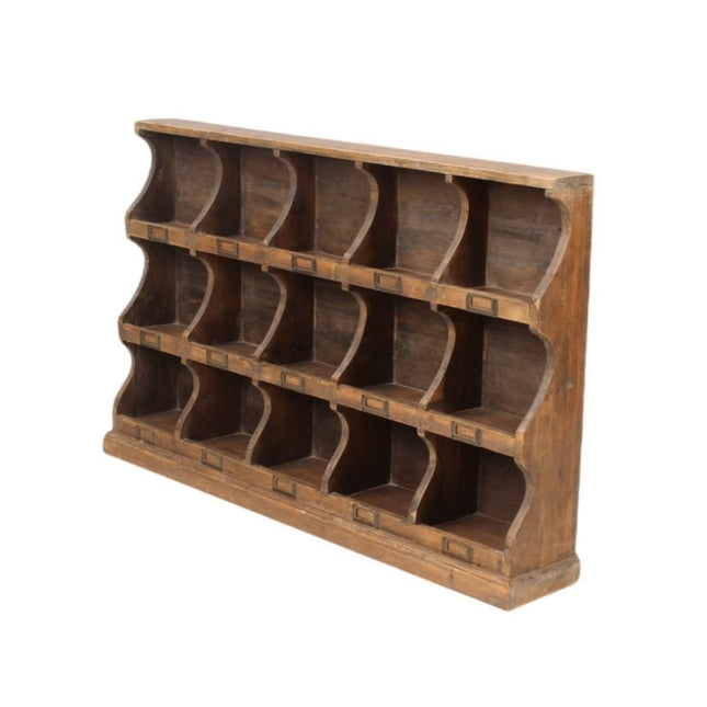 Rustic wood  multi compartment 15 pigeon hole wall storage cabinet