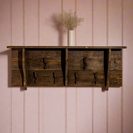 Rustic wood peg hook wall shelf
