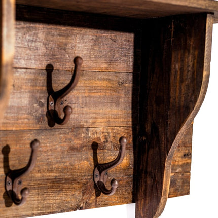 Rustic wood peg hook wall shelf