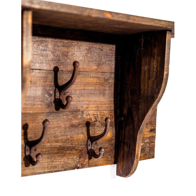 Rustic wood peg hook wall shelf