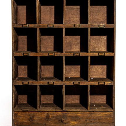 Freestanding rustic wood multi 16 compartment pigeon hole storage cabinet