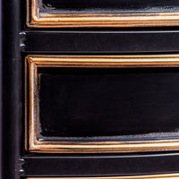 Black metal tall storage cabinet with bronze trim