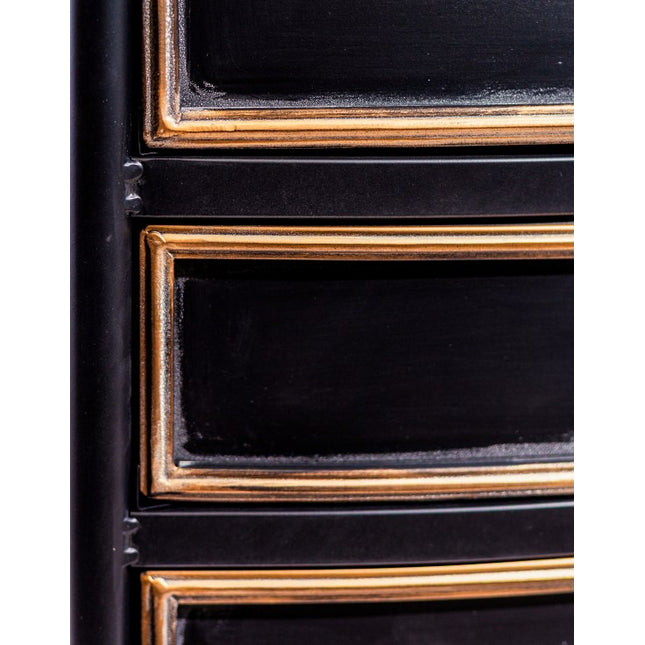 Black metal tall storage cabinet with bronze trim
