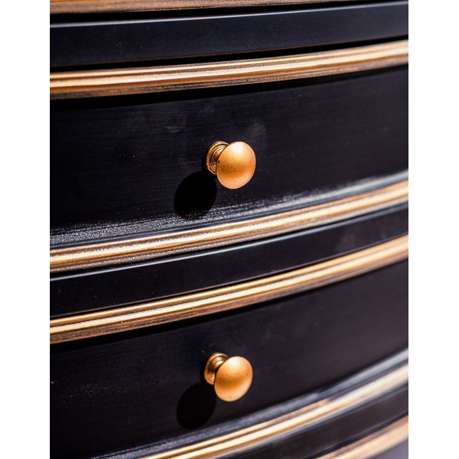 Black metal tall storage cabinet with bronze trim