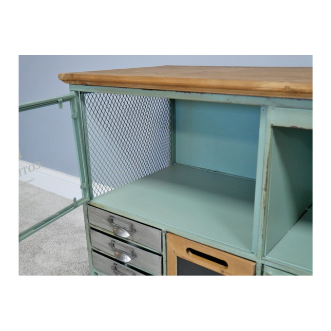 Green metal & wood storage tv media stand
