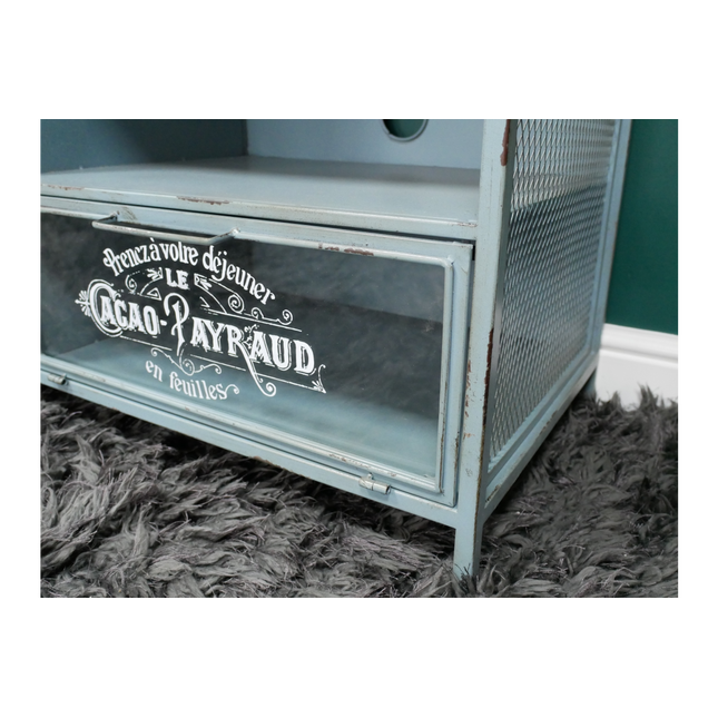 Small stylish green metal & wood tv storage stand