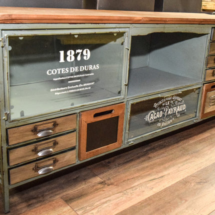 Green metal & wood storage tv media stand