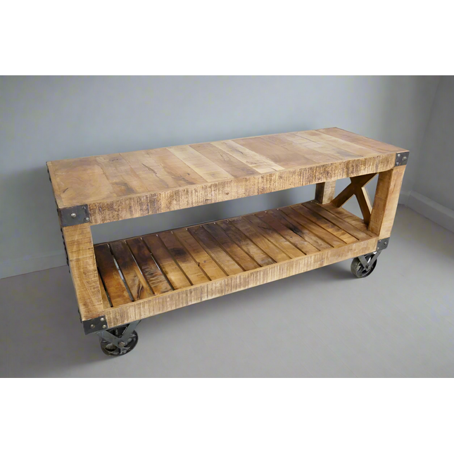 Rustic wood tv stand on wheels