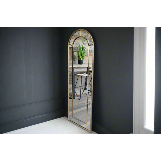 Tall slim muted gold arched wall or floor mirror H:180cm W:63cm