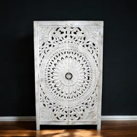 Tall white carved wood armoire storage cupboard - uk