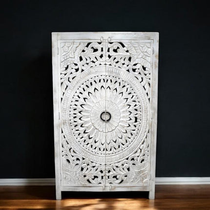 Tall white carved wood armoire storage cupboard