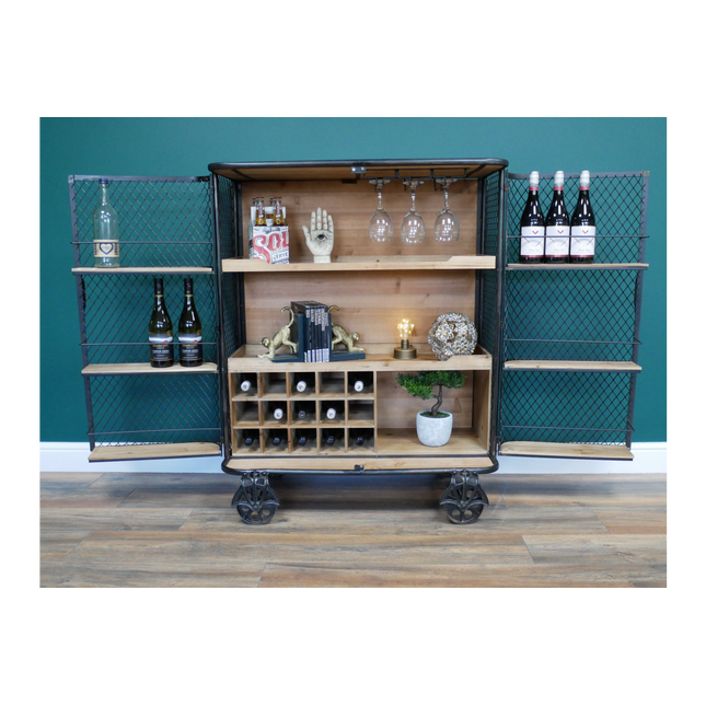 Industrial metal mesh drinks display cabinet on wheels.