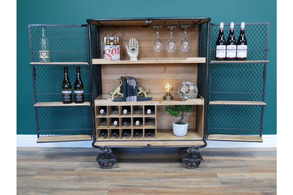 Industrial metal mesh drinks display cabinet on wheels
