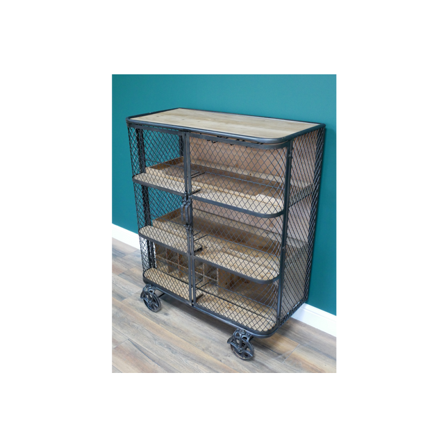 Industrial metal mesh drinks display cabinet on wheels