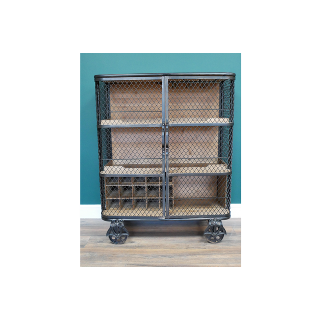 Industrial metal mesh drinks display cabinet on wheels