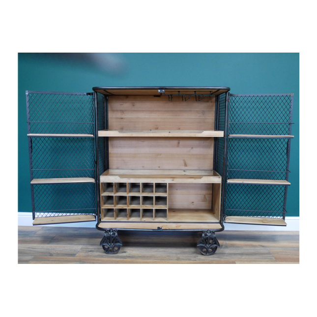 Industrial metal mesh drinks display cabinet on wheels