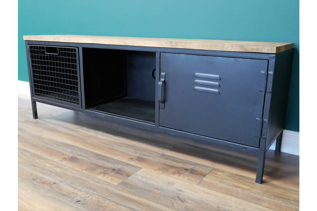 Black iron wood topped Tv cabinet