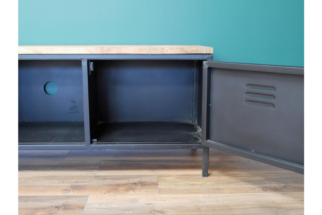 Black iron wood topped Tv cabinet