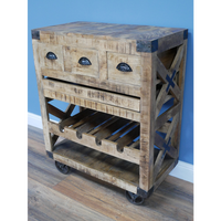 Rustic wood wine drinks cabinet on wheels