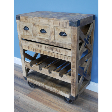 Rustic wood wine drinks cabinet on wheels