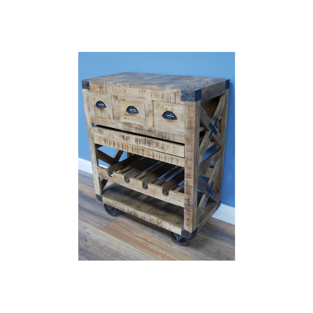 Rustic wood wine drinks cabinet on wheels