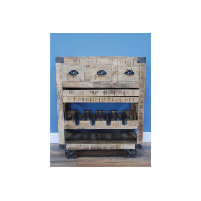 Rustic wood wine drinks cabinet on wheels