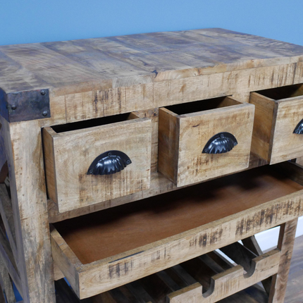 Rustic wood wine drinks cabinet on wheels