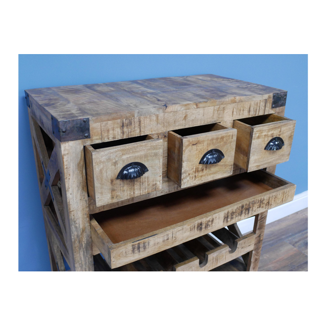 Rustic wood wine drinks cabinet on wheels
