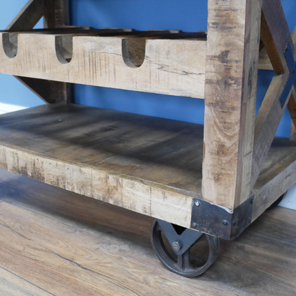 Rustic wood wine drinks cabinet on wheels