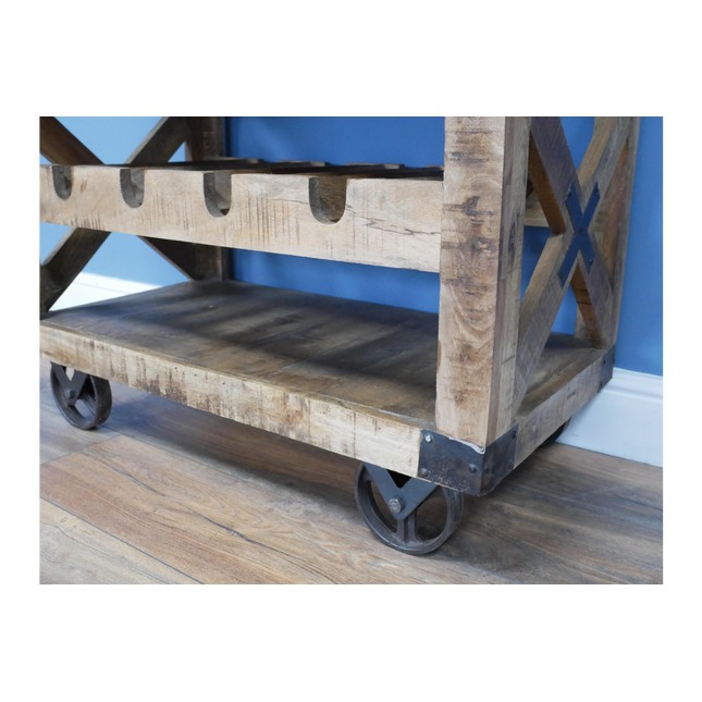 Rustic wood wine drinks cabinet on wheels