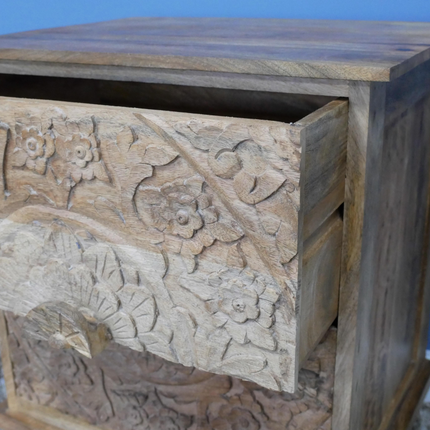 Pair of carved natural wood 2 drawer bedside cabinets