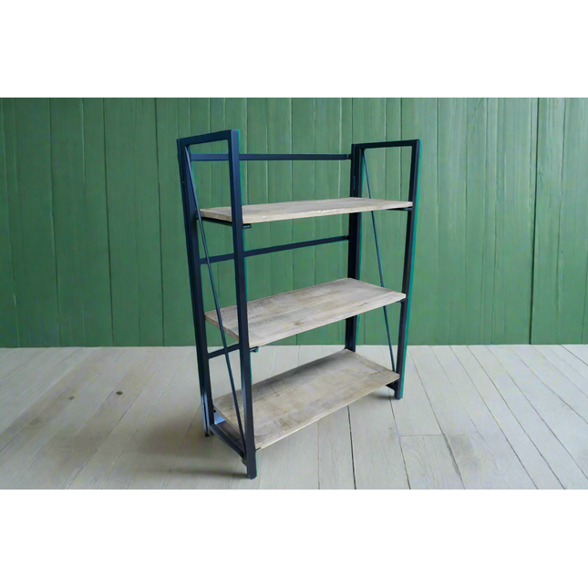 Black iron & wood floor shelving cabinet