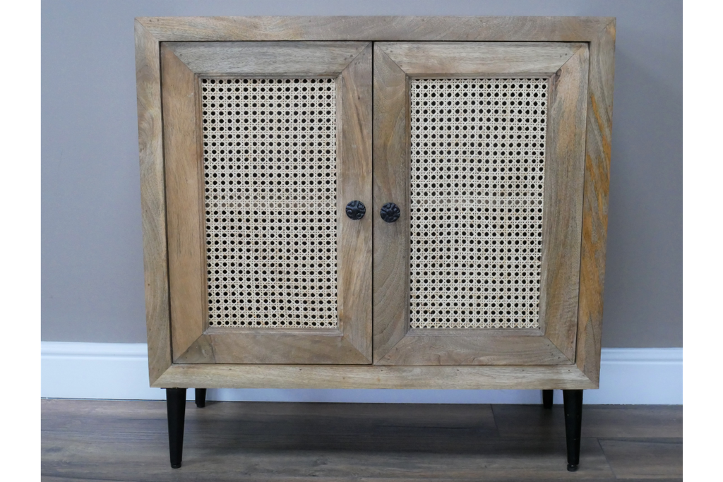 Petite acacia wood  side cabinet with rattan fretwork doors.