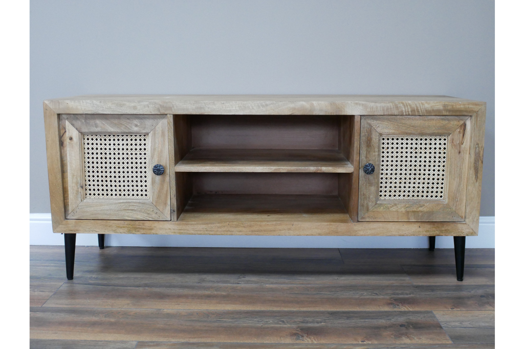 Low wood & iron side Tv cabinet with rattan fretwork doors