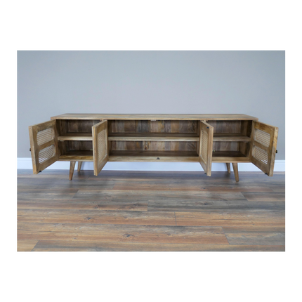 Rustic wood & rattan wide Tv storage cabinet