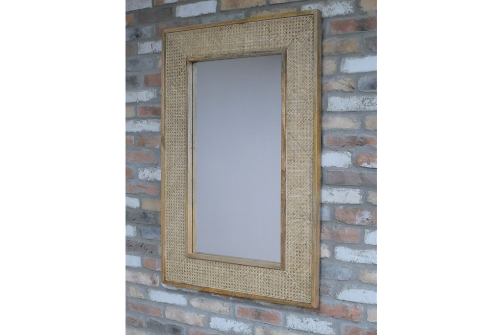 Large rectangular rustic acacia wood & rattan wall mirror