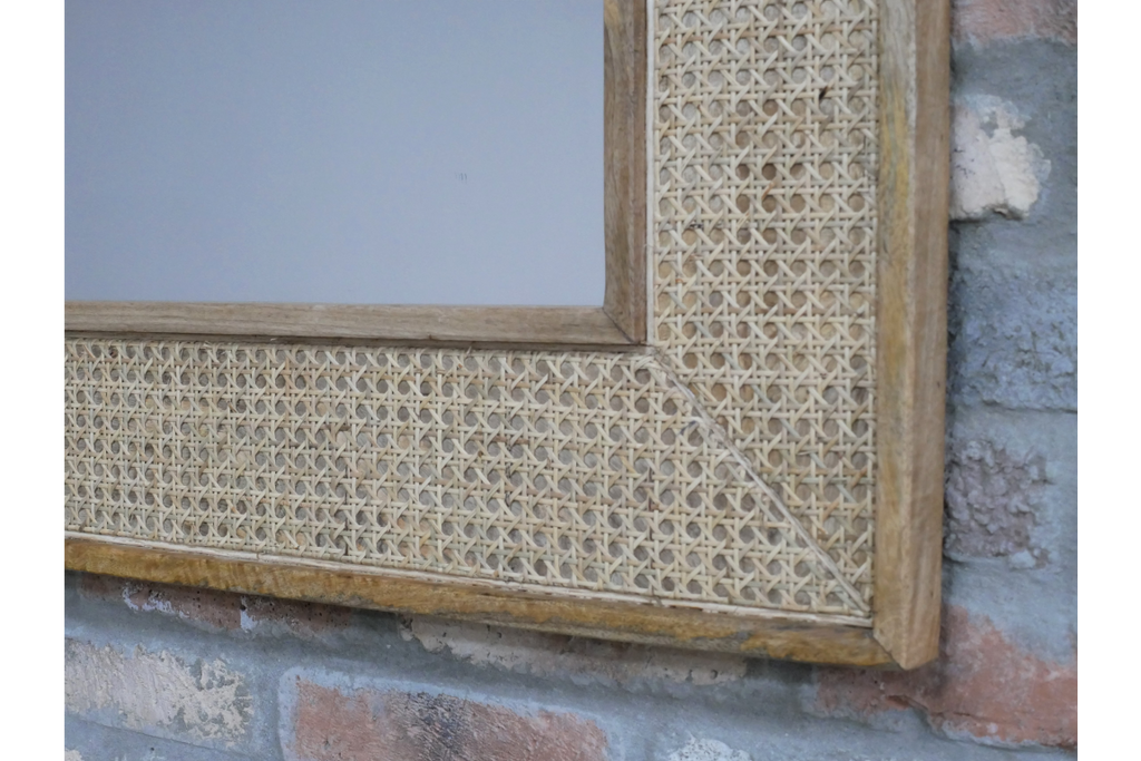Large rectangular rustic acacia wood & rattan wall mirror