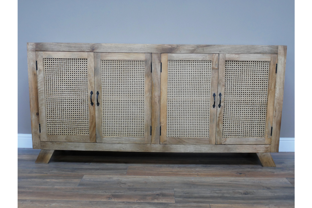 XL Rustic solid wood & rattan hand carved 4 door storage cabinet - sideboard.