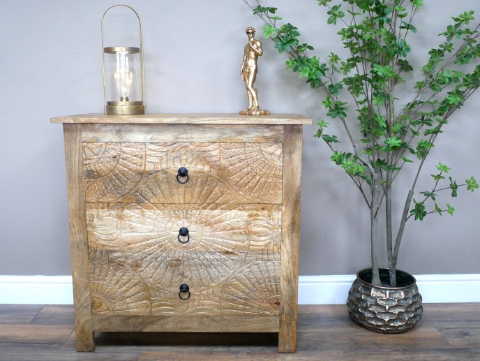 Rustic ornate hand carved solid wood chest of drawers