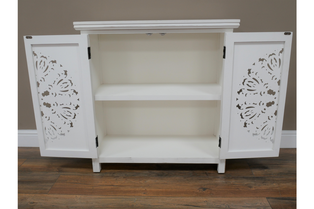Bohemian rustic hand carved whitewashed storage cabinet