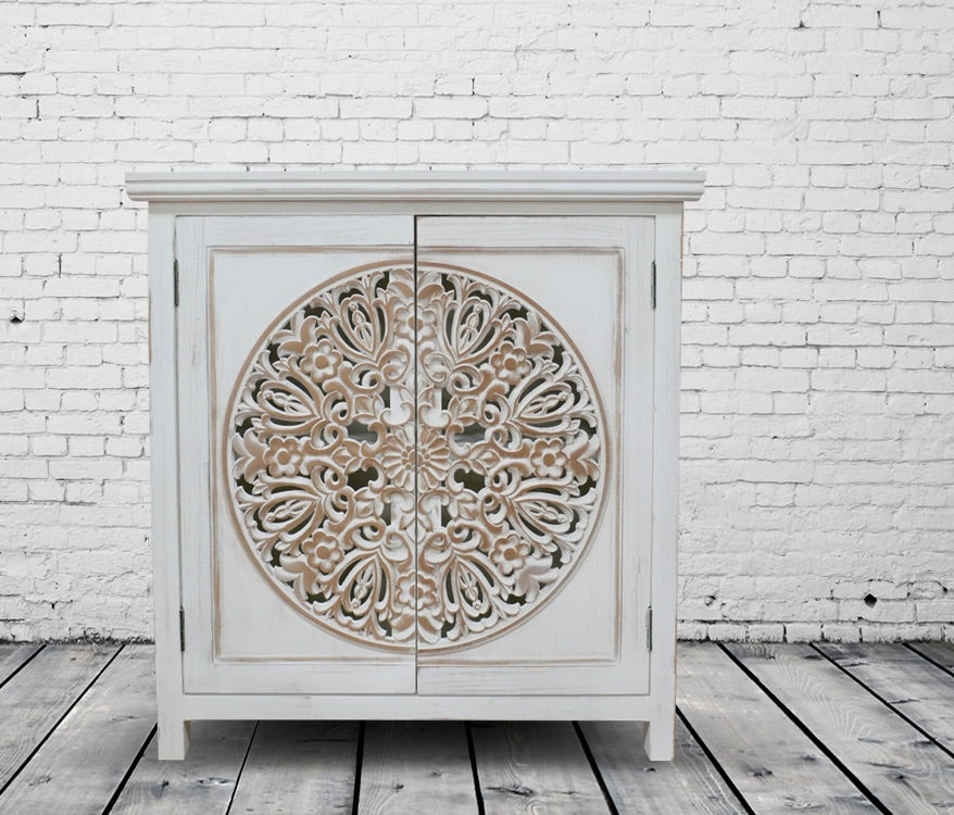 Bohemian rustic hand carved whitewashed storage cabinet
