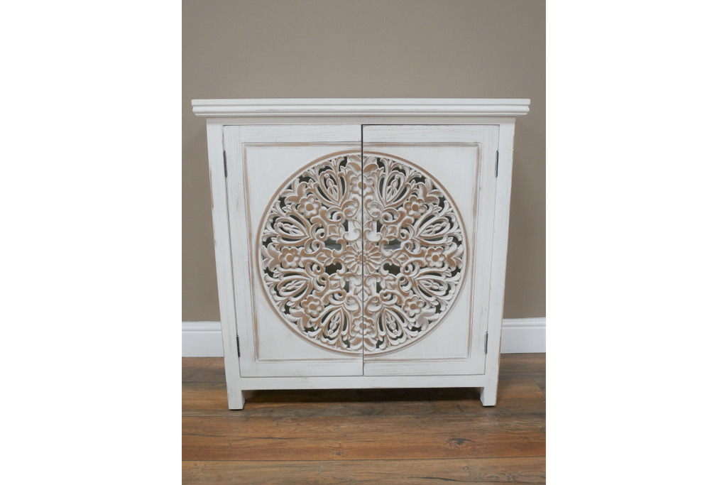 Bohemian rustic hand carved whitewashed storage cabinet