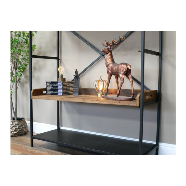 Tall wide iron & wood display shelf cabinet