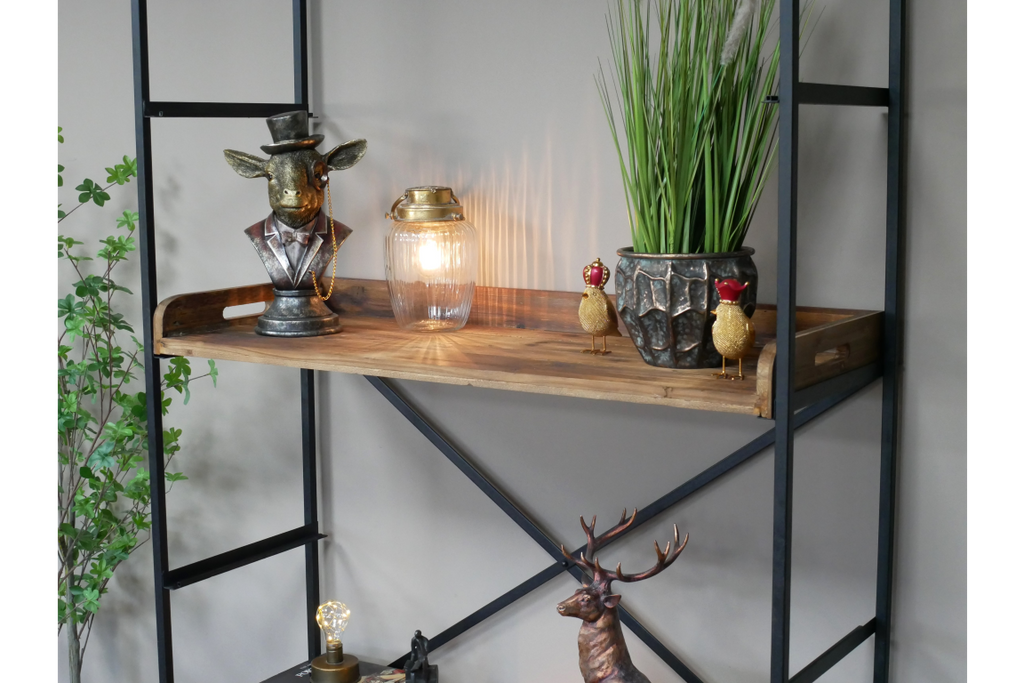 Tall wide black iron & rustic wood display shelf cabinet