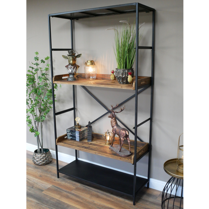 Tall wide iron & wood display shelf cabinet