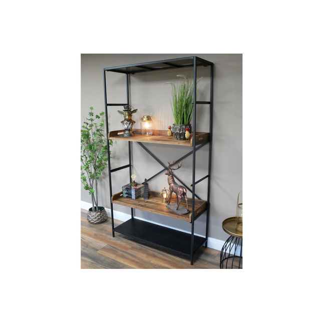 Tall wide iron & wood display shelf cabinet
