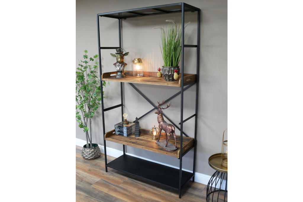 Tall wide black iron & rustic wood display shelf cabinet